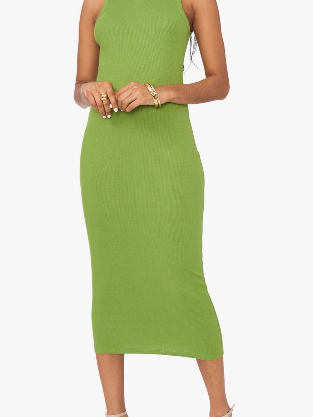 1.State Ribbed Midi Dress Small Green Sleeveless Back Cutout Bodycon